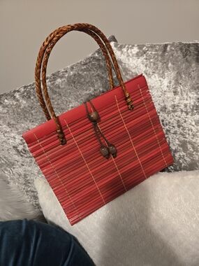 Red Bamboo Tote Bag with Braided Handles